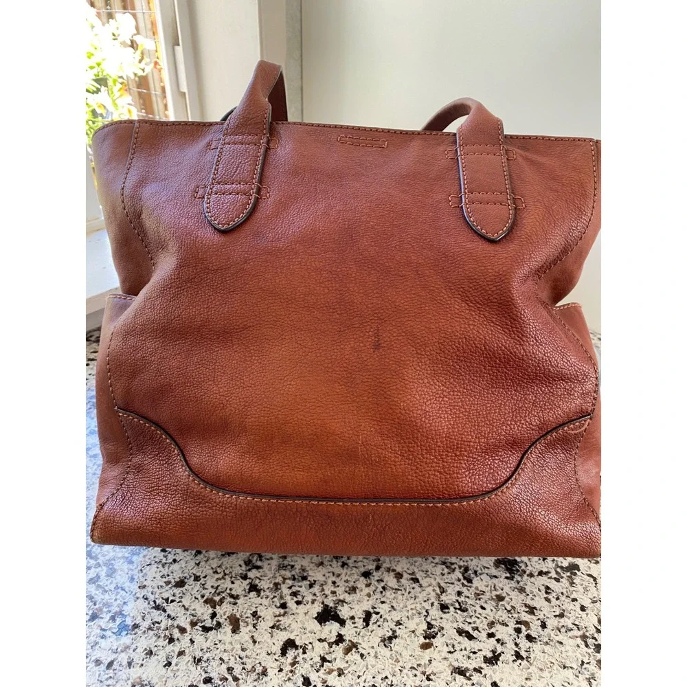 Frye  Lucy Side Pocket Leather Tote Bag Women OS Cognac Brown Pebbled Zip Top